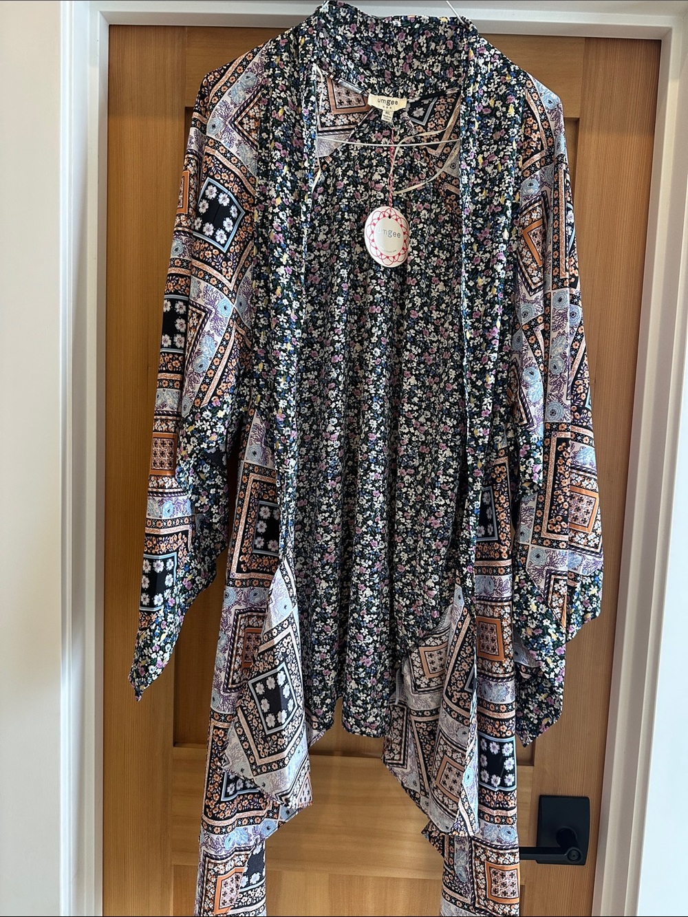 Floral & Bandana Print Kimono Duster - Black